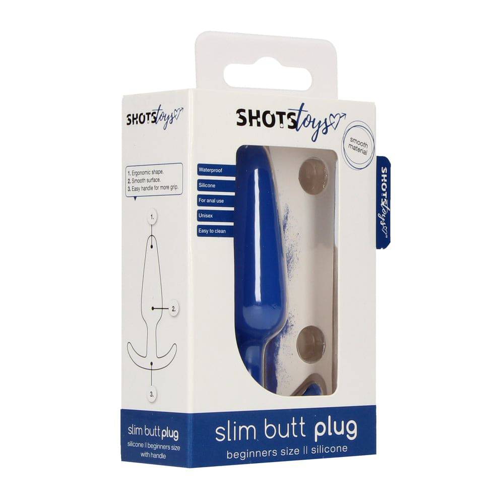 Blue beginner-sized slim butt plug by Shots Toys, featuring a smooth design and tapered tip for comfortable use.