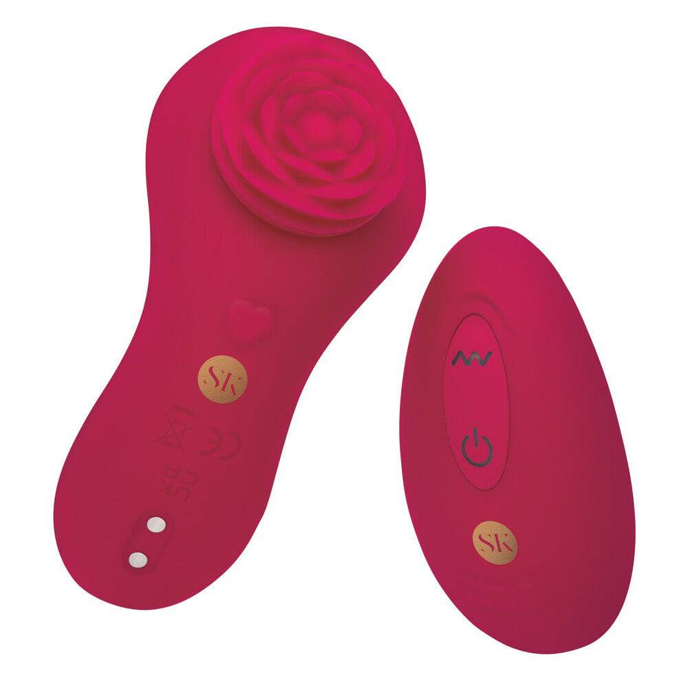 Secret Kisses Rosegasm Rose Surprise Panty Vibe in a vibrant rose design with discreet vibe feature displayed on a soft surface.