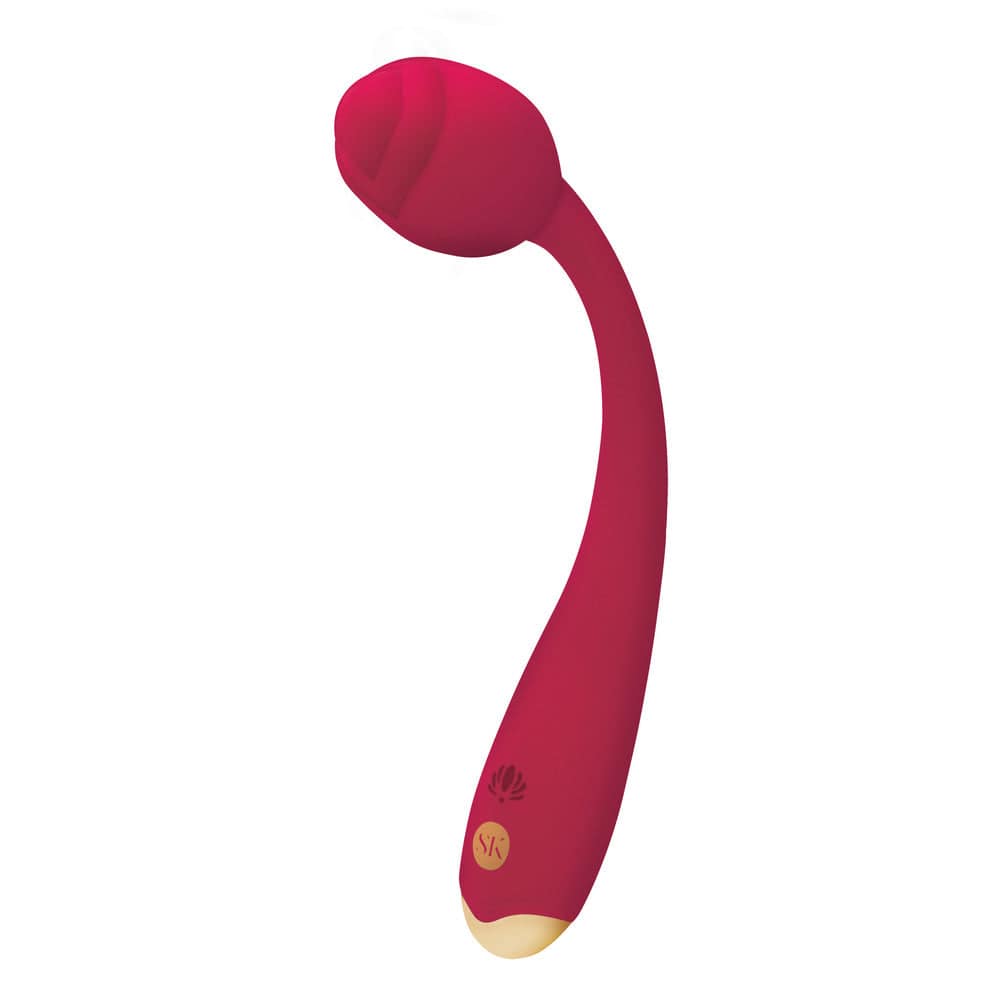 Secret Kisses Rosegasm vibrating toy with a long stem, featuring a sleek design and vibrant color.