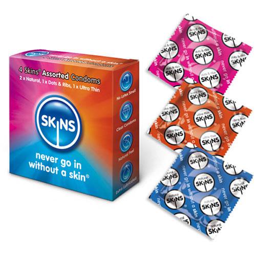 Skins Condoms assorted 4-pack featuring various condom designs and colors in a compact packaging.