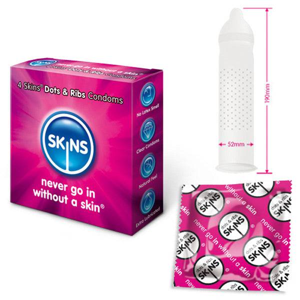 Skins Condoms 4-pack featuring dotted and ribbed textures for enhanced pleasure and comfort.