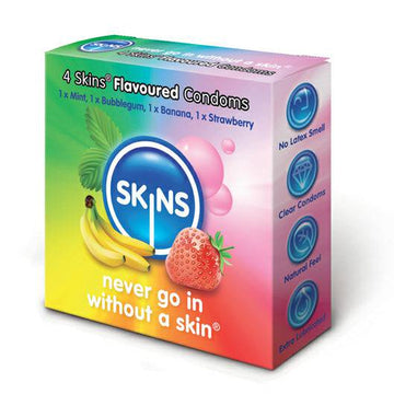 Skins Condoms flavored 4-pack with colorful packaging showcasing various flavors.