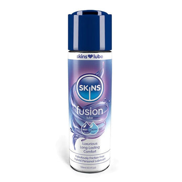 Skins Fusion Hybrid silicone and water-based lubricant 130 ml bottle with a sleek design and clear label.