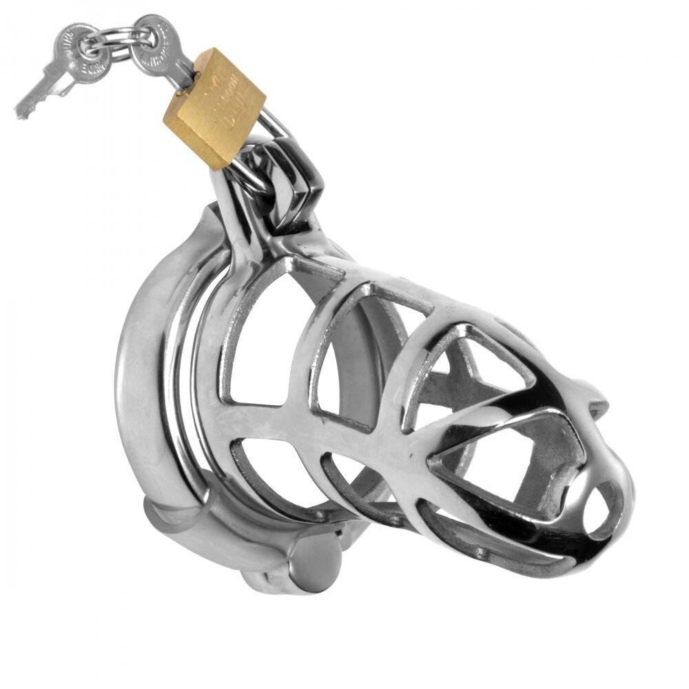 Master Series chastity cock cage by XR Brands, featuring a sleek design with adjustable locking mechanism.