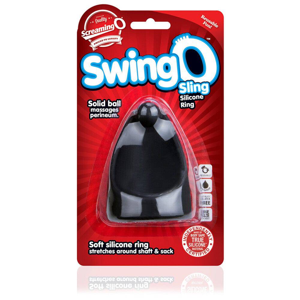 Screaming O SwingO Sling cock ring in black, featuring a stretchy design for enhanced comfort and support during use.
