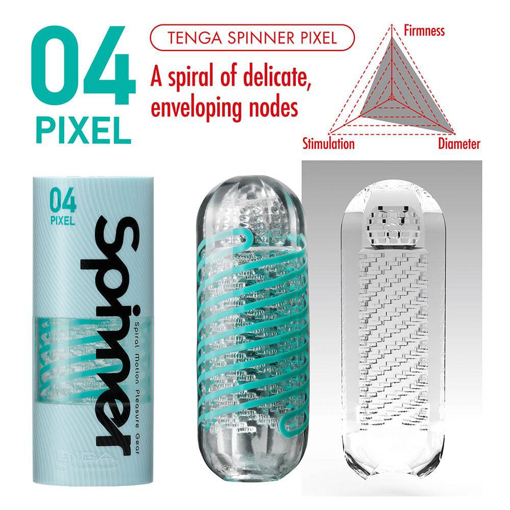 Tenga 04 Pixel Spinner Masturbator with textured exterior and unique spinning design for enhanced pleasure.