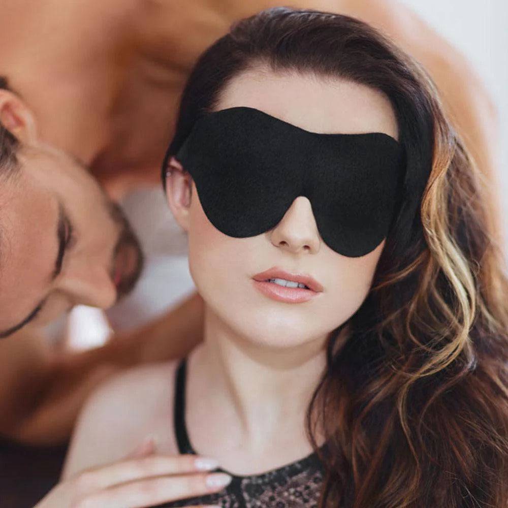 Soft black blindfold from Sportsheets, featuring comfortable fabric and adjustable straps for a secure fit.