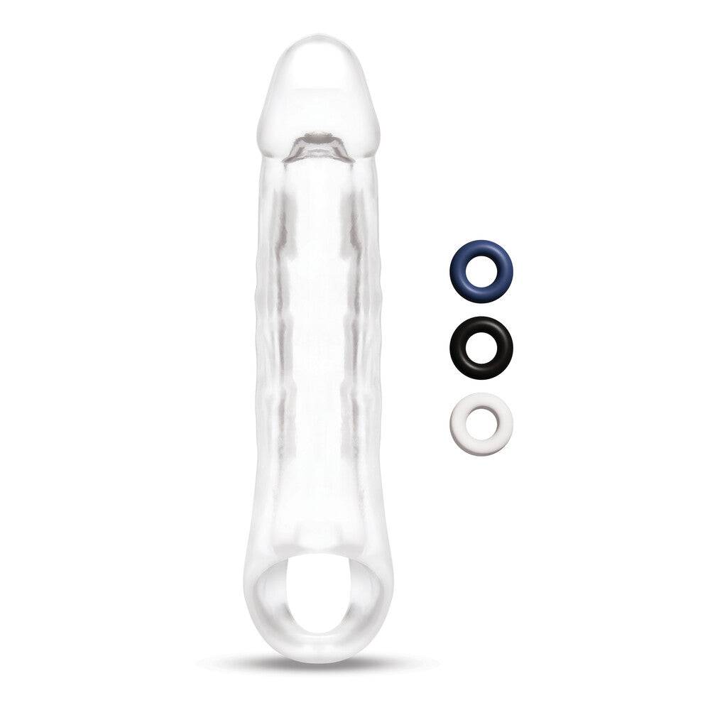 Size Up Clear Penis 2 tum förlängare designed for enhancement, showcasing a transparent, flexible silicone material.