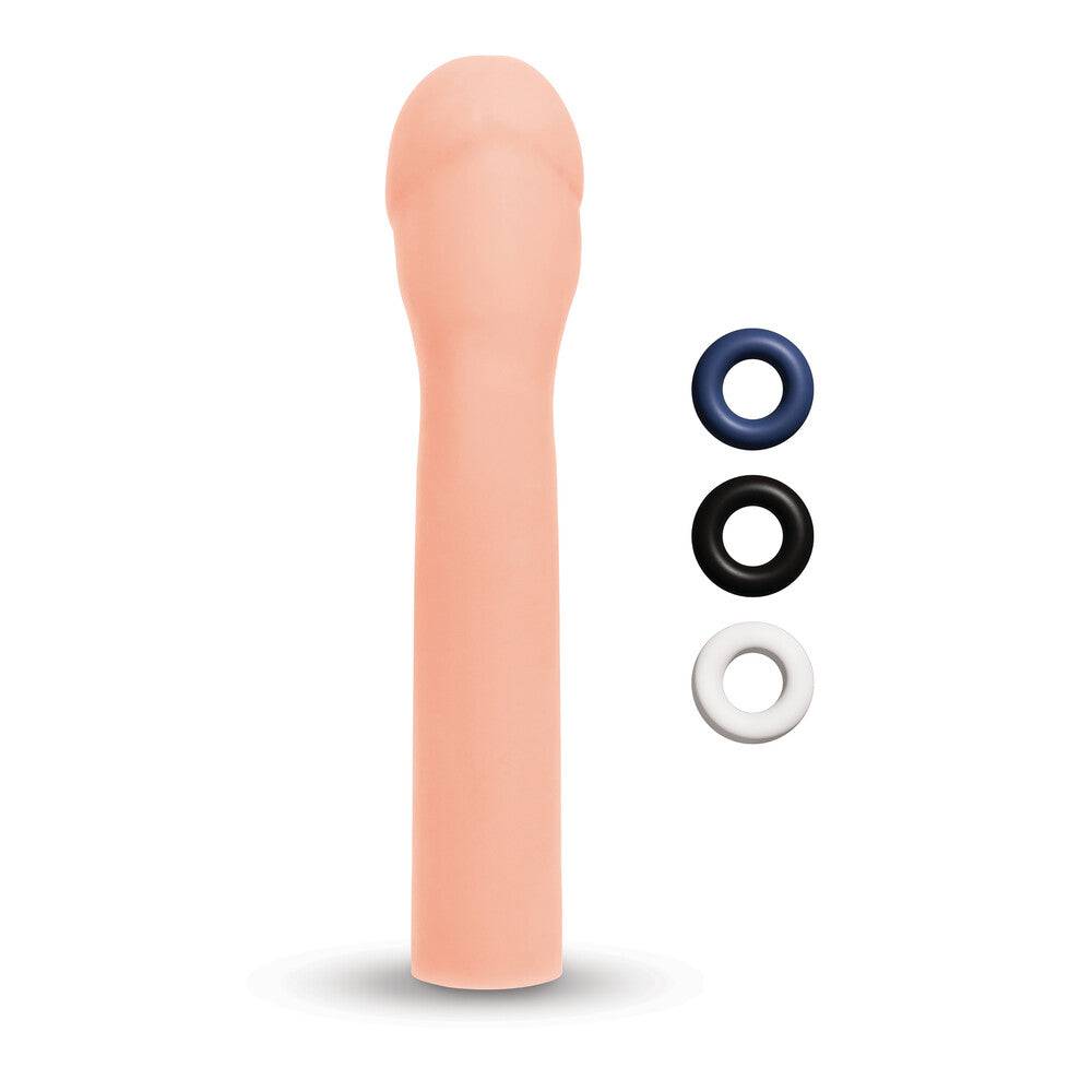 Size Up 3-inch penis extender with realistic texture and design, showcasing its flexible material and ergonomic shape.