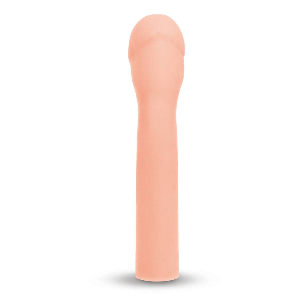 Size Up 3-inch penis extender with realistic texture and design, showcasing its flexible material and ergonomic shape.