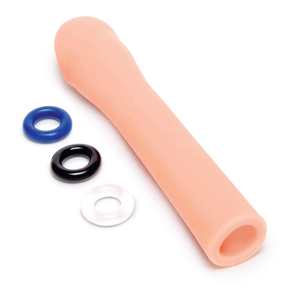 Size Up 3-inch penis extender in a sleek design, showcasing its texture and length for enhancement.