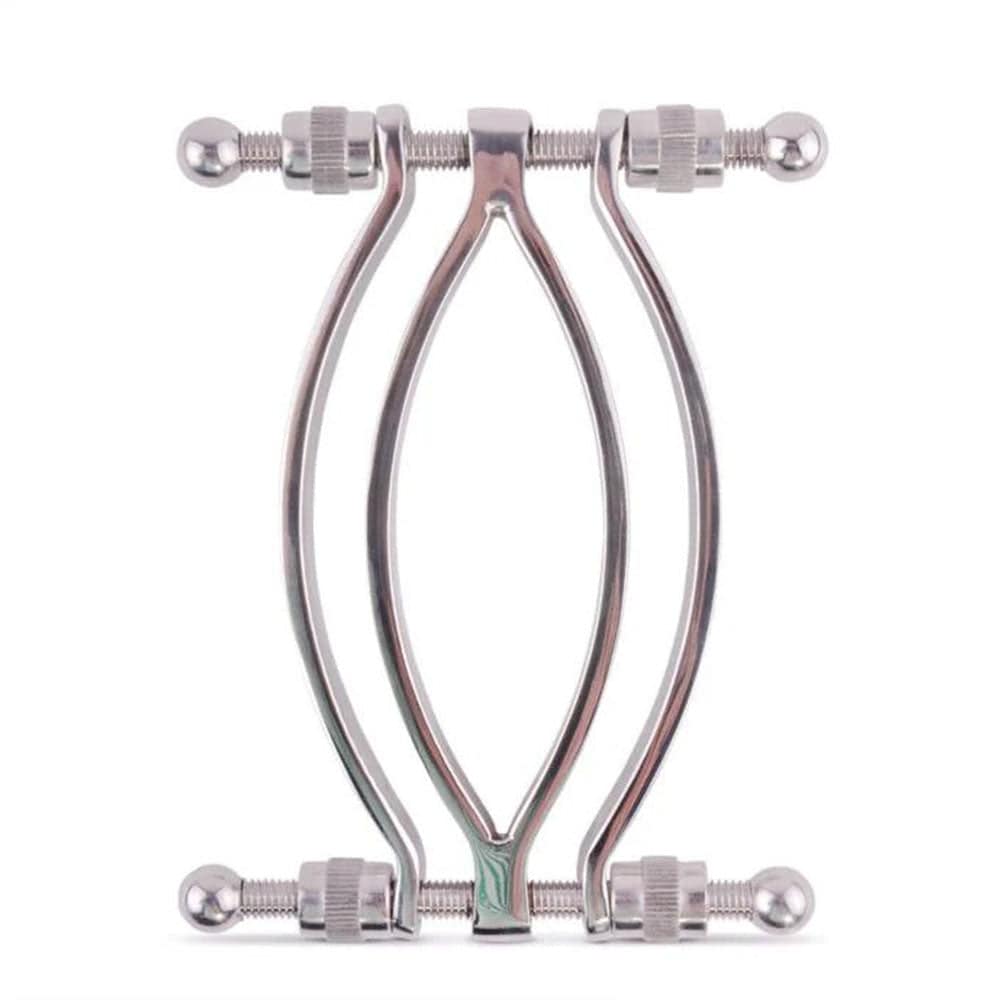 Stainless steel pussy clamp by Shots Toys, featuring sleek design and adjustable tension for enhanced pleasure.