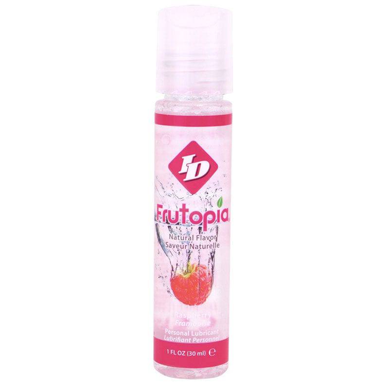 ID Lube Frutopia personal lubricant in raspberry flavor, 1 oz bottle with colorful packaging and easy-to-use design.