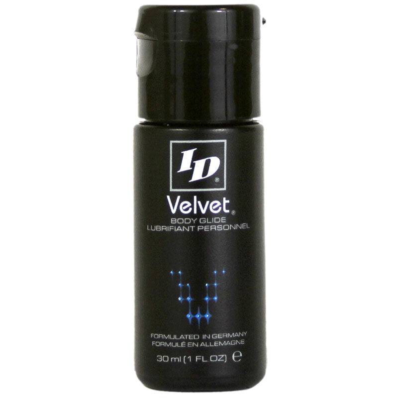 ID Lube Velvet 1 oz lubricant bottle with smooth texture and elegant packaging on a neutral background.