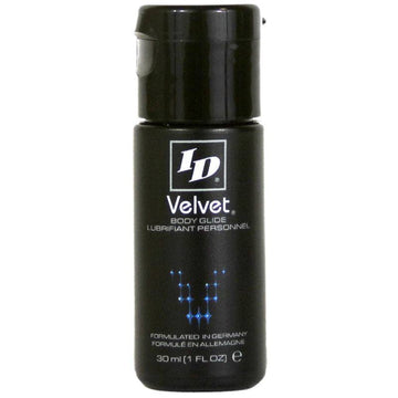ID Lube Velvet 1 oz lubricant bottle with smooth texture and elegant packaging on a neutral background.