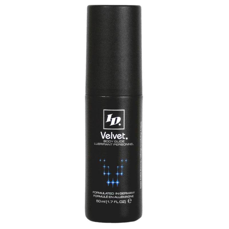 ID Lube Velvet 1.7 oz lubricant bottle with a sleek design and easy-to-use flip cap.