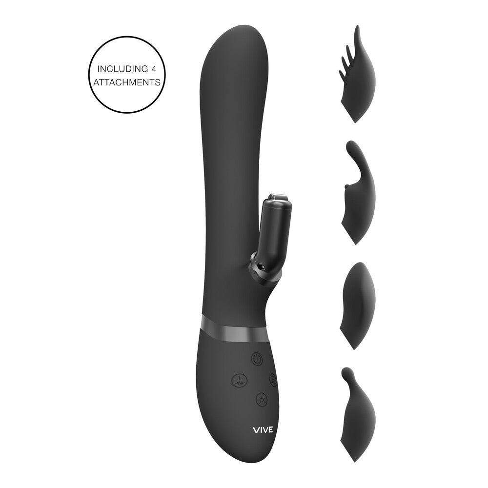 Black Vive Chou dual-action interchangeable rabbit vibrator by Shots Toys, showcasing its sleek design and textured features.