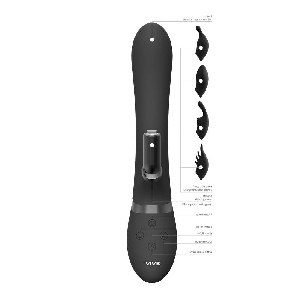 Black Vive Chou dual-action interchangeable rabbit vibrator by Shots Toys, showcasing its sleek design and textured features.