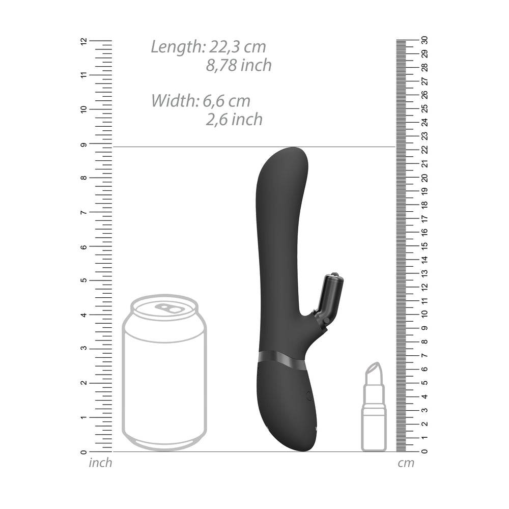 Black Vive Chou dual-action interchangeable rabbit vibrator by Shots Toys, featuring sleek design and textured details.