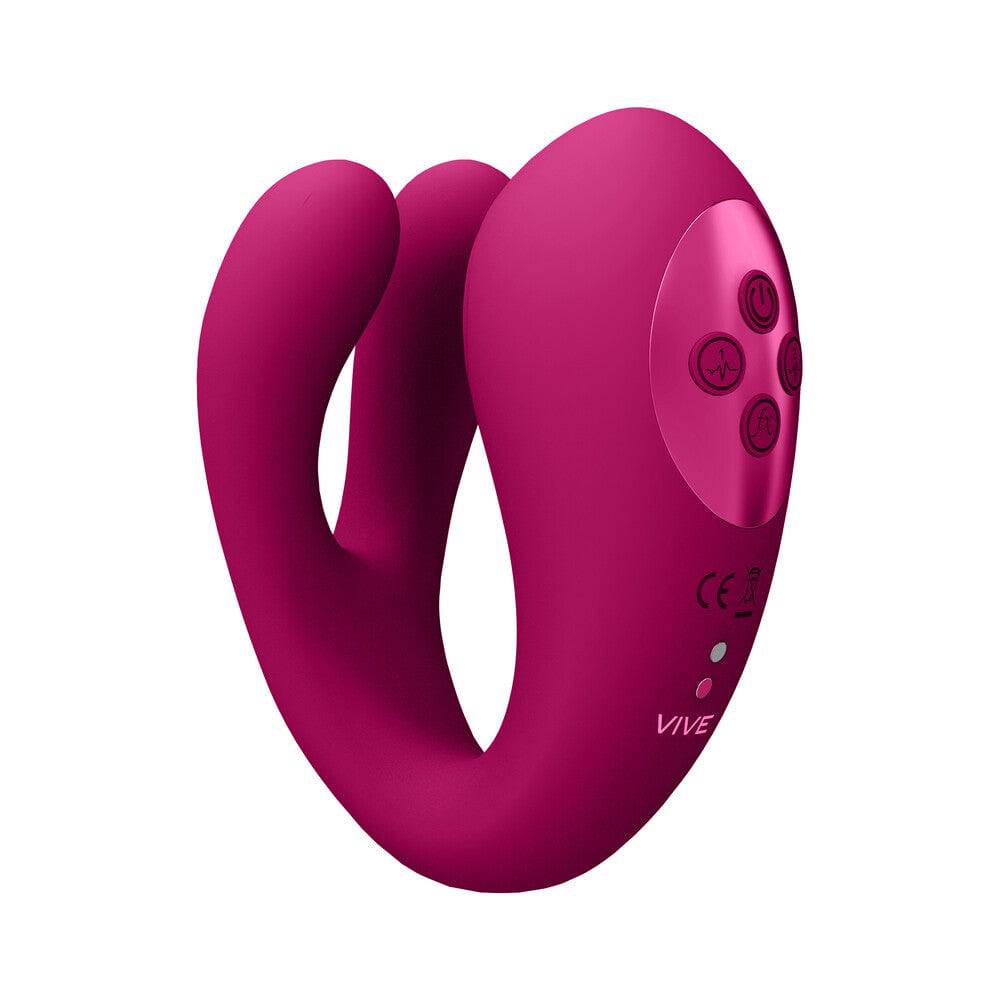 Vive Yoko Triple Action Vibe in pink with clitoral pulse waves, showcasing sleek design and textured surface.