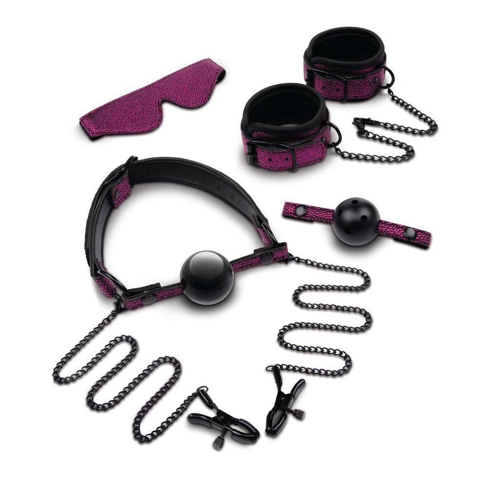 Whipsmart bondage set in black leather with five pieces, including cuffs, collar, and restraints.