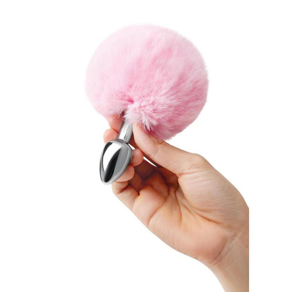 Whipsmart pink bunny tail butt plug with soft fur and tapered design for playful and discreet enjoyment.