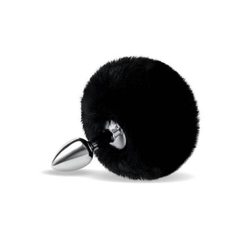 Whipsmart Furry Tales svart kaninsvans butt plug with soft texture and realistic bunny tail attachment.