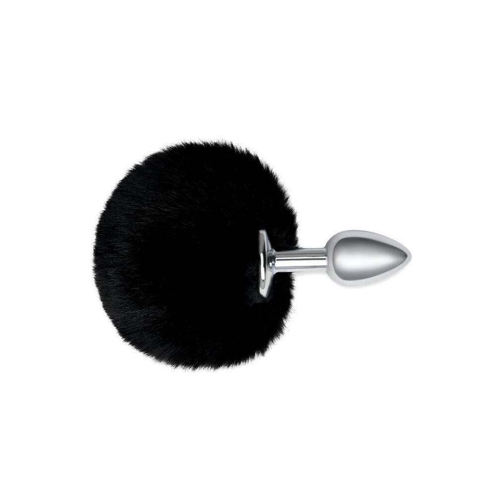 Whipsmart Furry Tales svart kaninsvans butt plug with soft texture and realistic bunny tail attachment.
