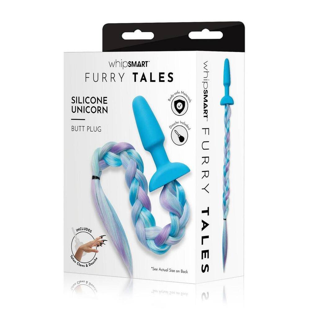 Whipsmart Furry Tales silicone unicorn tail butt plug with colorful, whimsical design and soft texture.