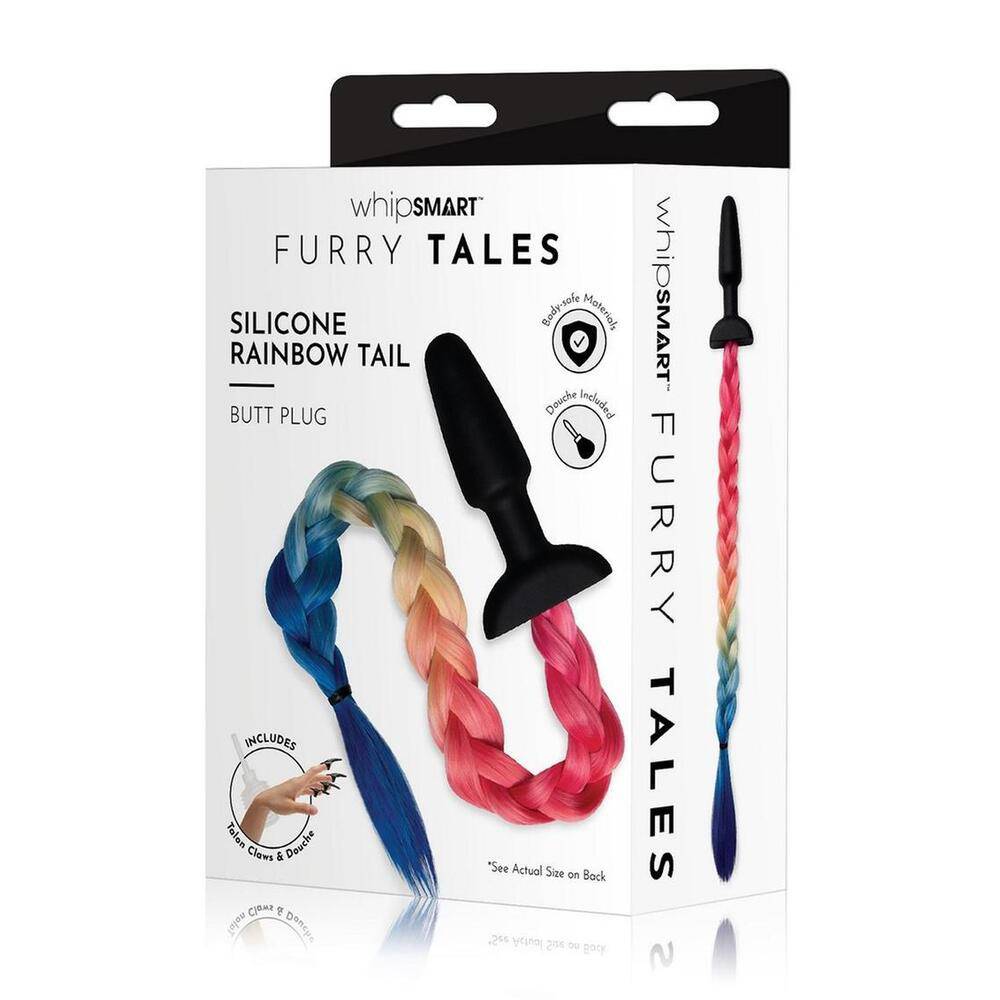 Whipsmart Furry Tales Rainbow Tail Butt Plug with colorful furry tail and smooth silicone base, ideal for playful exploration.