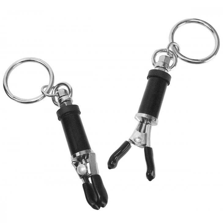Master Series bondage ring nipple clamps in sleek black design, featuring adjustable tension for customized comfort.