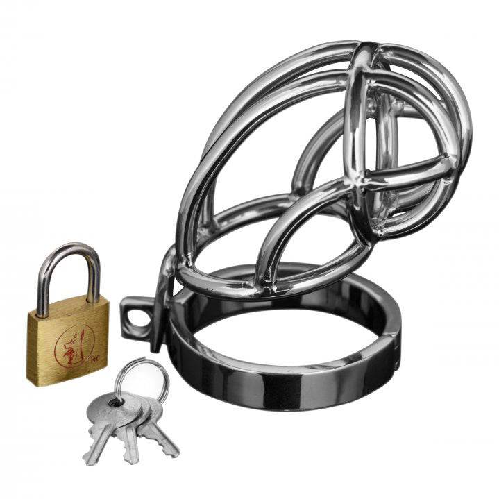 Master Series Captus stainless steel chastity cage by XR Brands with sleek design and lockable feature.