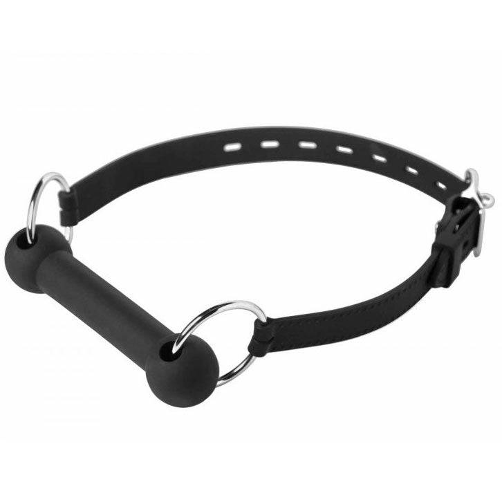 Master Series Mr Ed lockable silicone horse bit gag with black silicone mouthpiece and metal rings.
