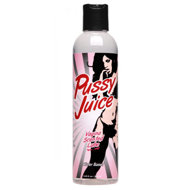 XR Brands XR Pussy Juice Vagina lubricant bottle with a sleek design and vibrant label against a neutral background.