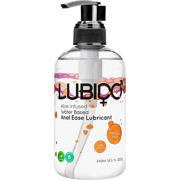 Lubido ANAL 250ml water-based lubricant in a clear bottle, featuring a secure flip-top cap for easy use.