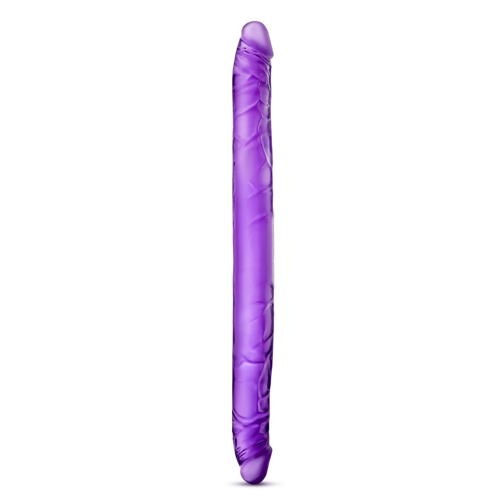 Blush Novelties B Yours 16-inch purple double-ended dildo with textured surface and flexible design.
