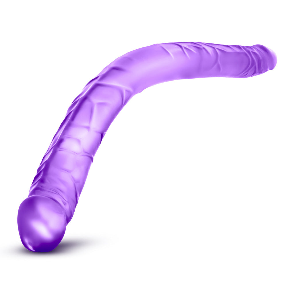 Blush Novelties B Yours 16-inch purple double-ended dildo with textured surface and flexible design.