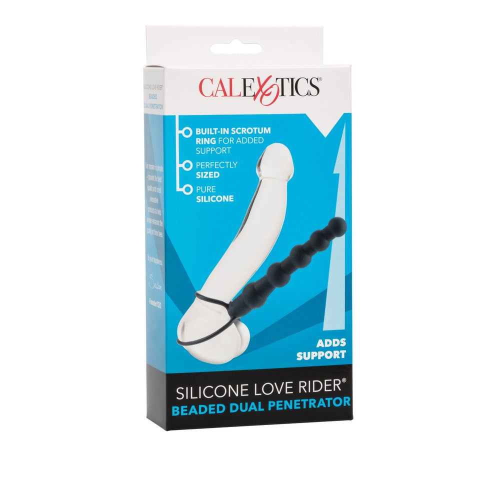 California Exotic Love Rider Beaded Dual Svart Penetrator with textured beads and dual ends for enhanced stimulation.