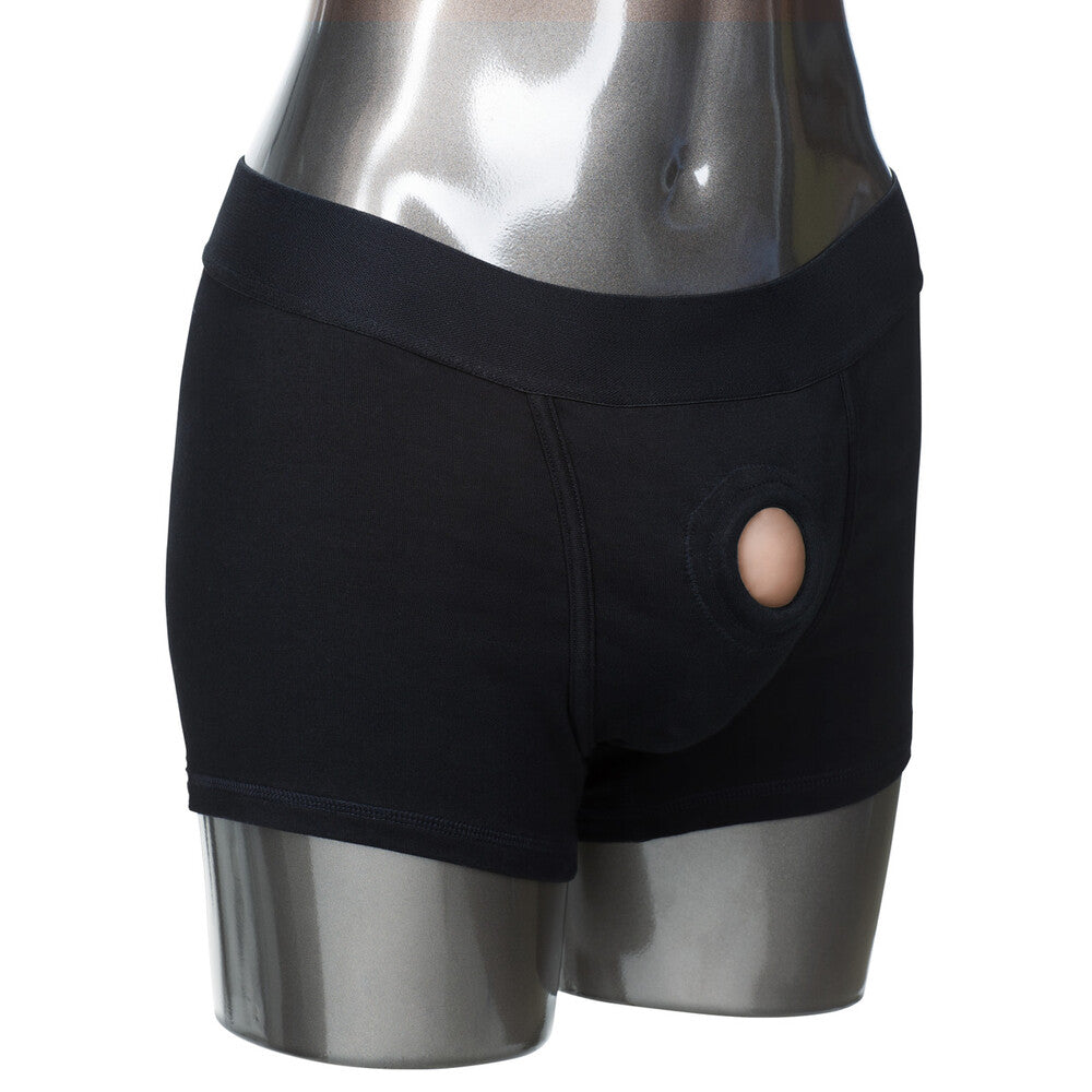 California Exotic Packer Gear Boxersele in black, designed for Xtra Small to Small sizes, showcasing soft, stretchy material.
