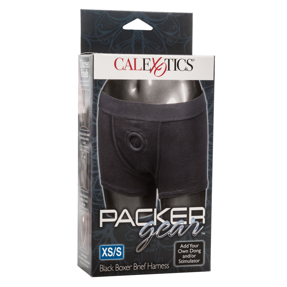 California Exotic Packer Gear black boxer shorts, designed for extra small to small sizes, showcasing a comfortable fit.