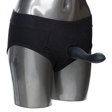 California Exotic Packer Gear Brief Harness in Xtra Small, showing adjustable straps and soft fabric design.