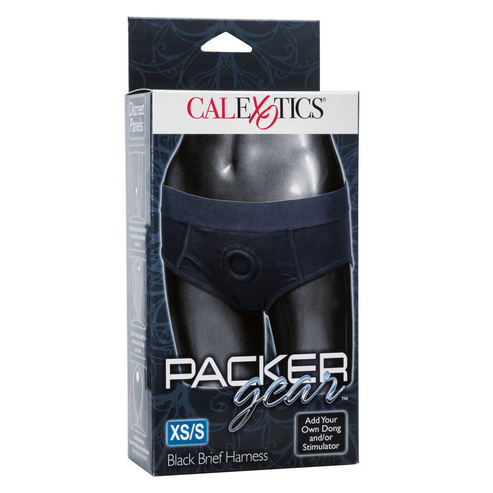 California Exotic Packer Gear Brief Harness in Xtra Small to Small, featuring adjustable straps and a sleek design.