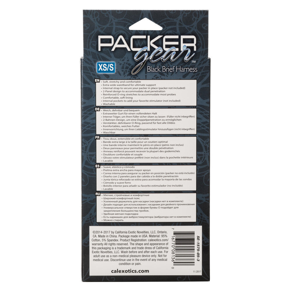 California Exotic Packer Gear Brief Harness in Xtra Small till Small, featuring adjustable straps and a soft fabric design.