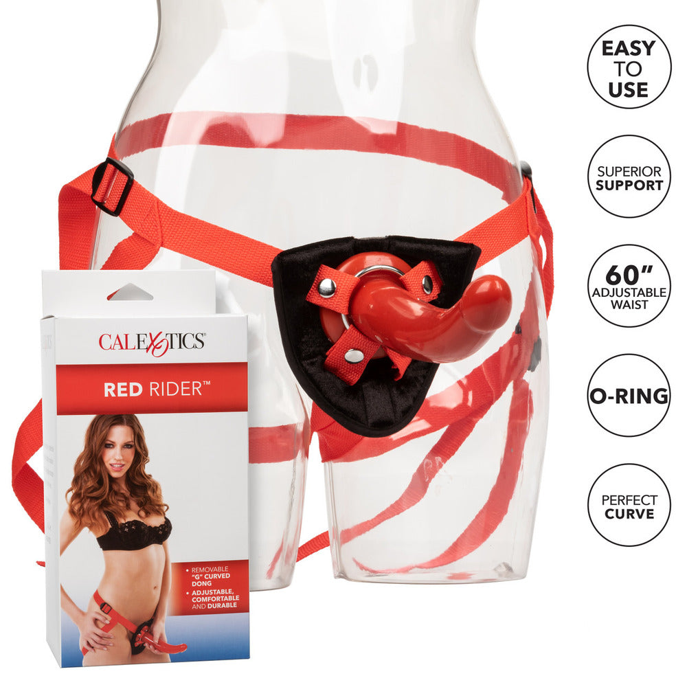 California Exotic Sophias red rider strap-on dildo with realistic design and comfortable straps for secure fitting.