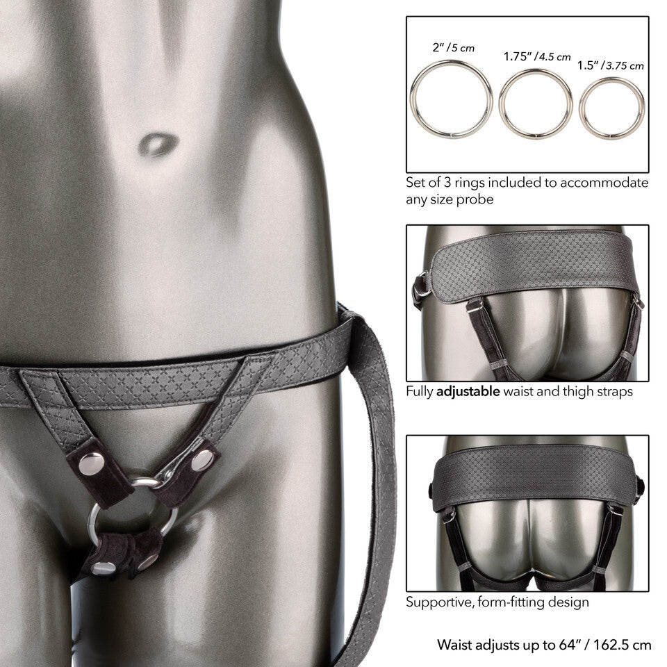 California Exotic Royal Vibrating Set featuring a strap-on and vibrating probe in a sleek design.