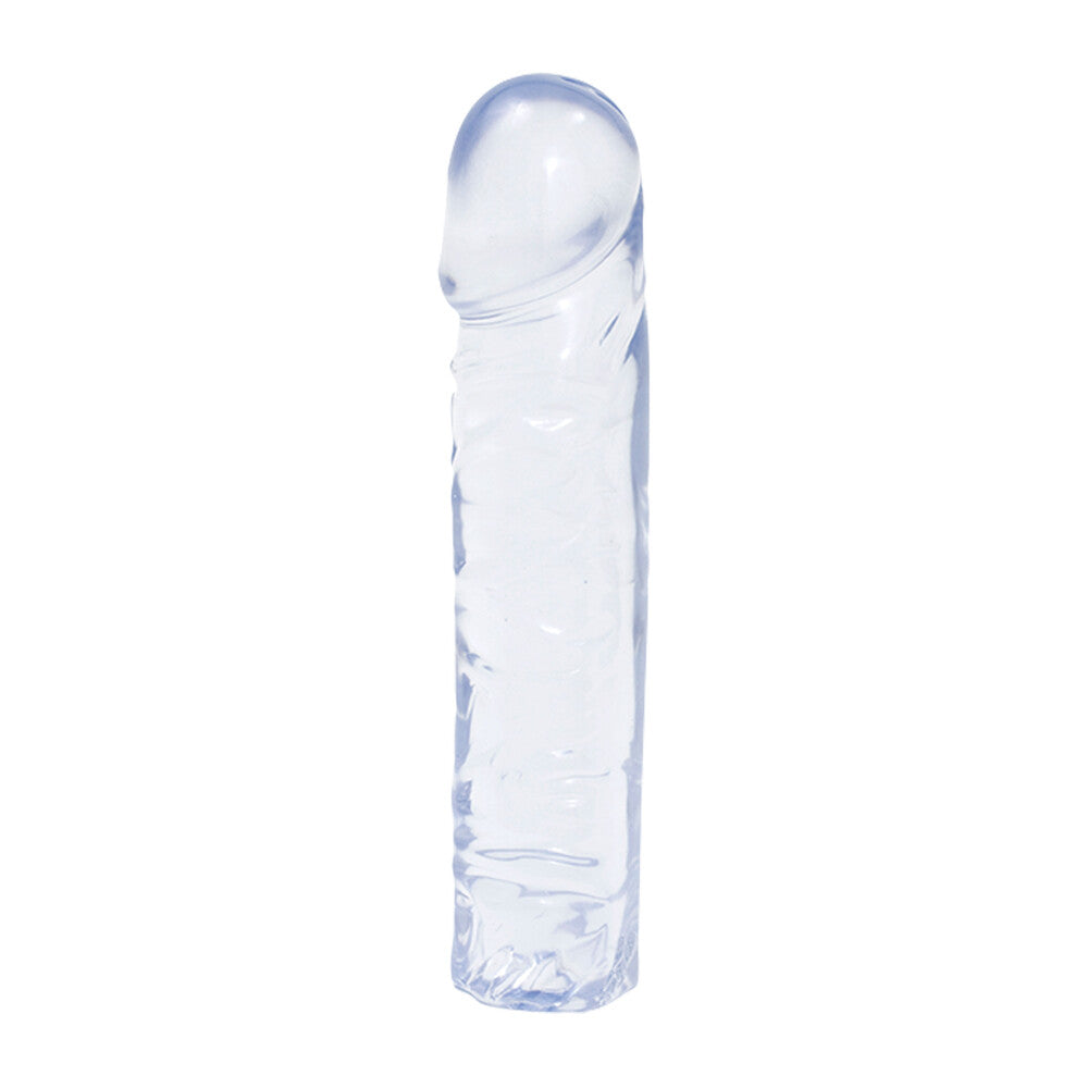 Clear Doc Johnson Crystal Jellies 8-inch dong with realistic details and a smooth finish, ideal for adult play.