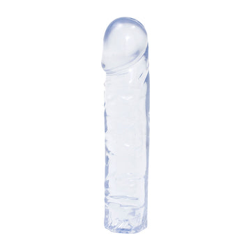 Clear Doc Johnson Crystal Jellies 8-inch dong with realistic details and a smooth finish, ideal for adult play.
