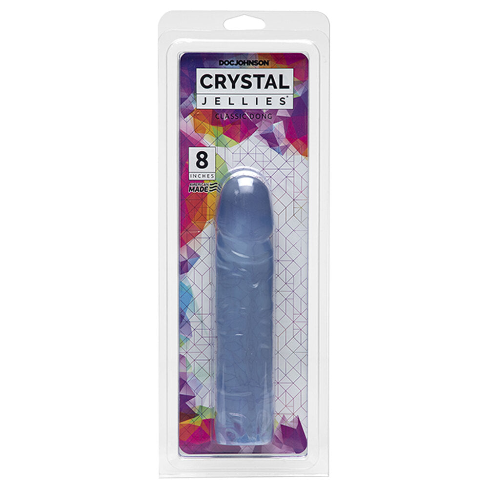 Clear Doc Johnson Crystal Jellies 8-inch dong with realistic details and a smooth finish, ideal for adult play.