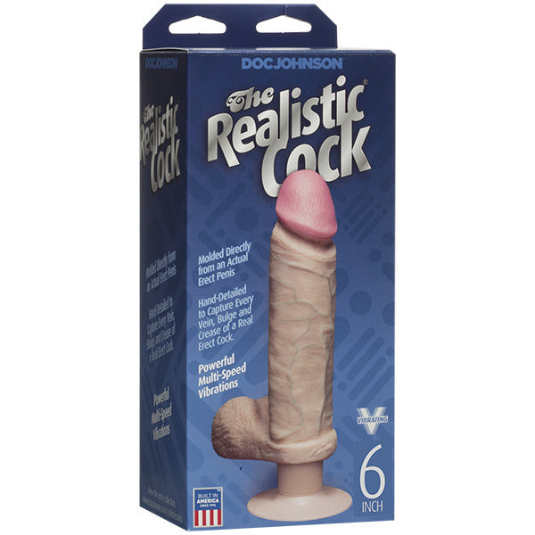 Doc Johnson 6-inch vibrating dildo in flesh pink with realistic design and textured details.