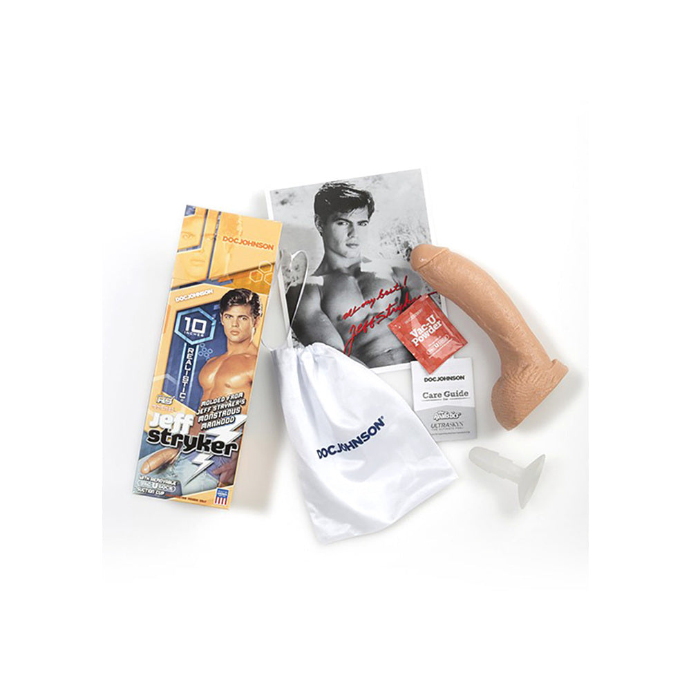 Doc Johnson 10-inch realistic dildo featuring detailed texture and lifelike design in a neutral tone.